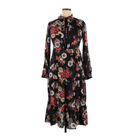 Zara Woman Floral Fit & Flare Dress Black Floral Tiered Long Sleeve Sz L EUC - Picture 1 of 11